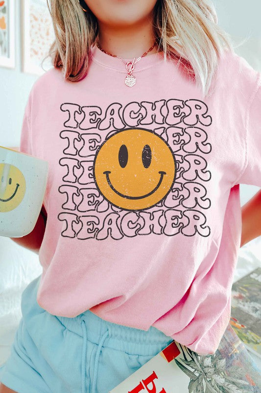 HAPPY FACE TEACHER REPEAT GRAPHIC TEE