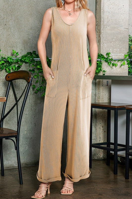 Corded Tie Straps V Neck Wide Leg Jumpsuit