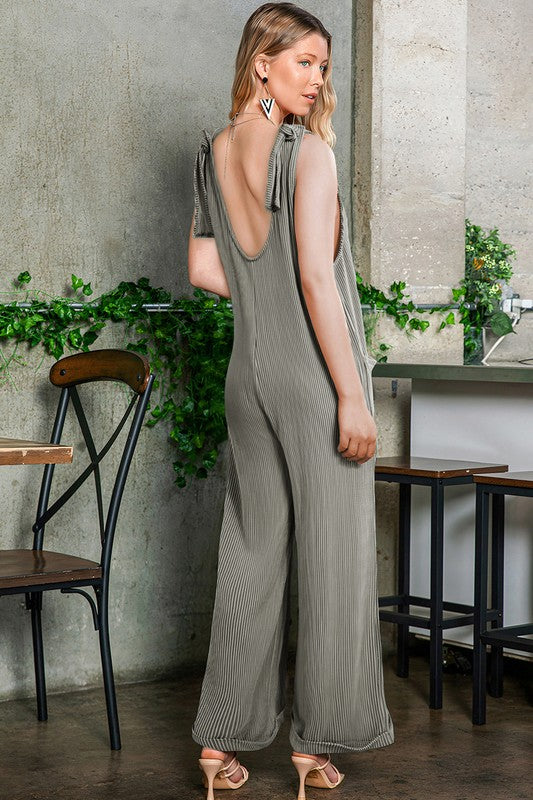 Corded Tie Straps V Neck Wide Leg Jumpsuit