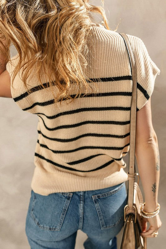 Women Striped Ribbed Knit High Neck Sweater