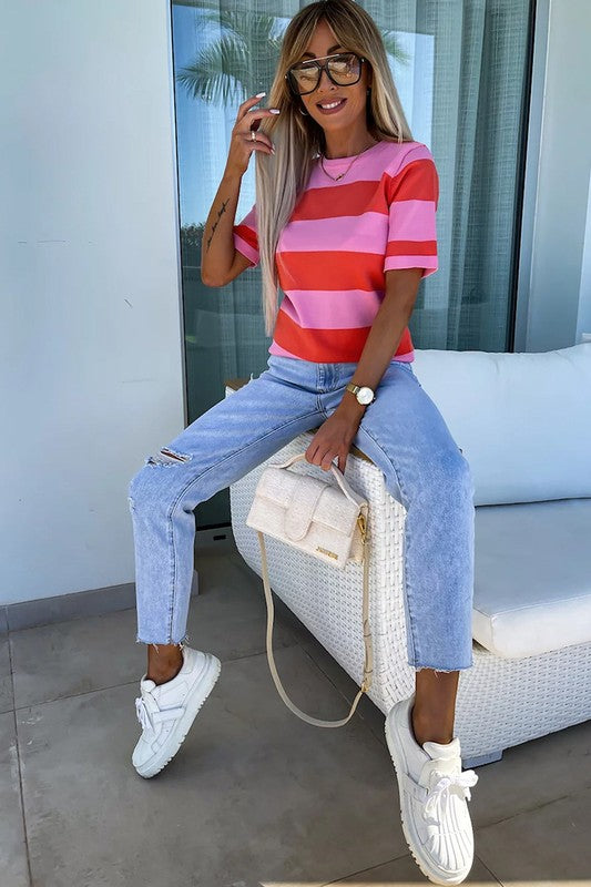 Women Pink Colorblock Striped Knitted T shirt