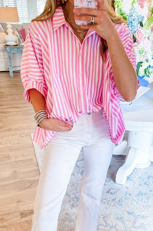 Women Stripe Dolman Sleeve Oversize Shirt